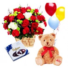 Flowers with Chocolates, Teddy Bear and Balloons
